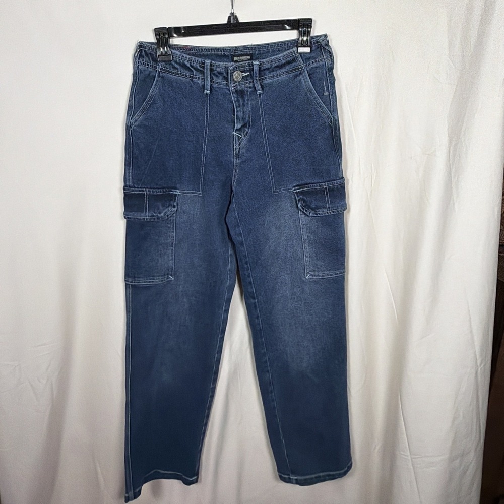 True Religion Cargo Jeans Womens 26 Straight Leg Medium Blaze Wash NWT